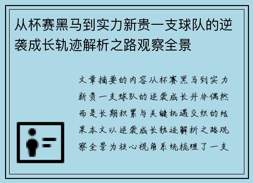 从杯赛黑马到实力新贵一支球队的逆袭成长轨迹解析之路观察全景