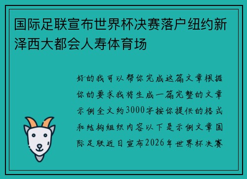 国际足联宣布世界杯决赛落户纽约新泽西大都会人寿体育场 国际足联宣布世界杯决赛落户纽约新泽西大都会人寿体育场