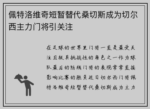 佩特洛维奇短暂替代桑切斯成为切尔西主力门将引关注